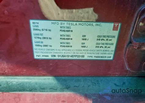 2014 Tesla Model S from USA, damaged, VIN 5YJSA1S14EFP33100